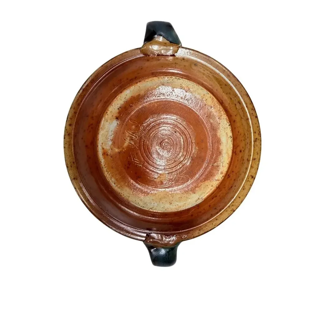 Studio Pottery Double Handle Bowl Turquoise Brown Art Pottery Dish Signed 9.5